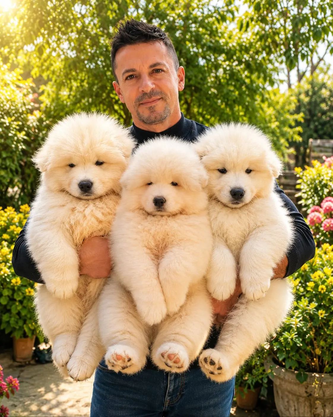 Alessandro Casertano con tre cuccioli di Samoiedo in braccio